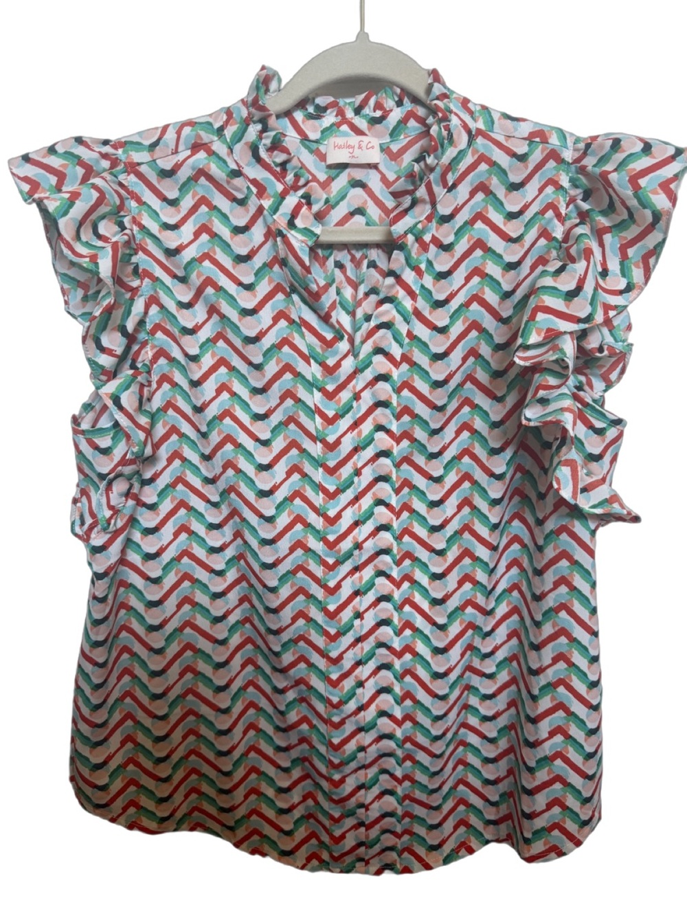 Hailey & Co. Women's Red & Teal Chevron Ruffle Sleeve Blouse